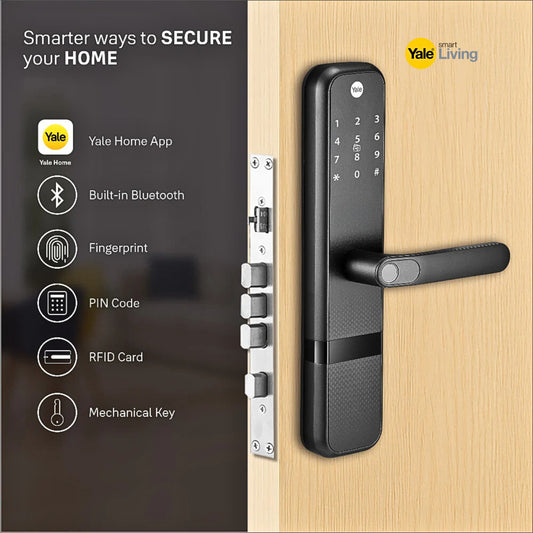 Yale Zuri Black Smart Lock with 5 way unlocking Fingerprint, PIN, RFID, Manual Key and Built-in Bluetooth to Access through Mobile Home Apps