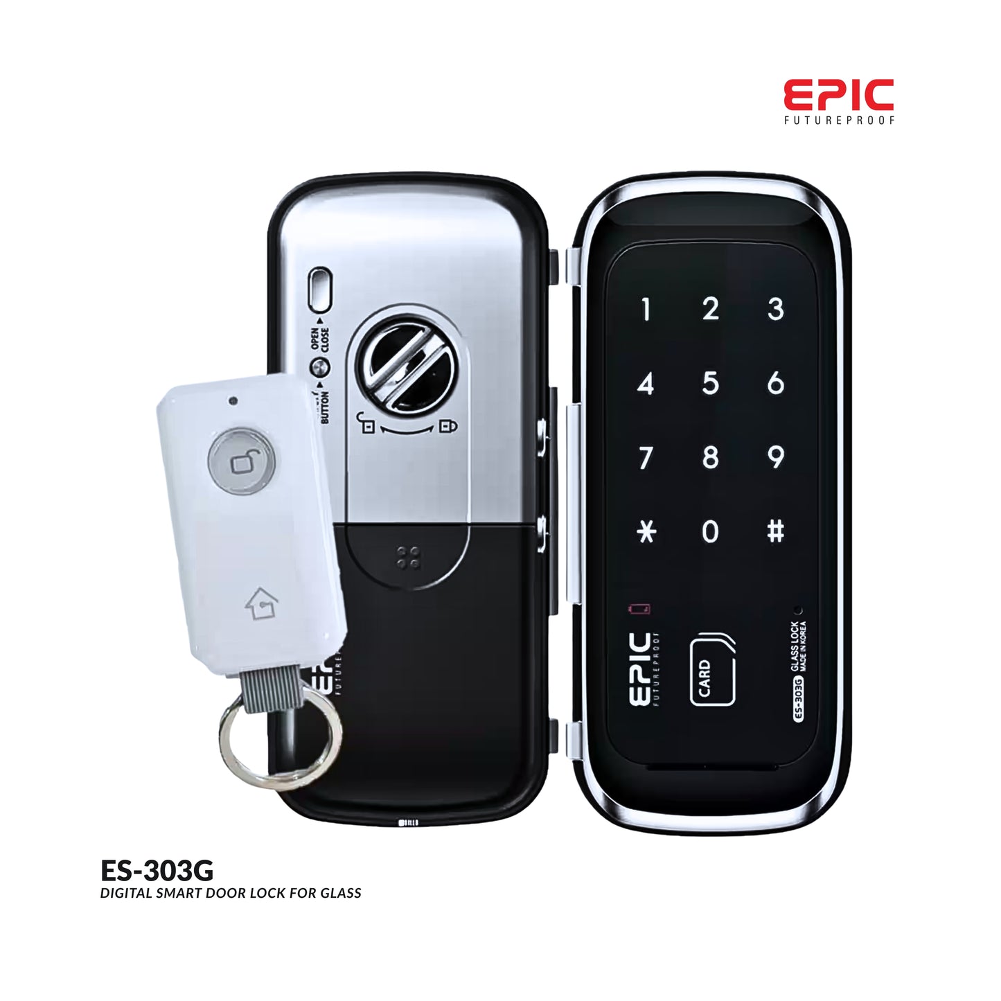 Digital smart door lock with remote control on a white background, featuring the Epic brand.