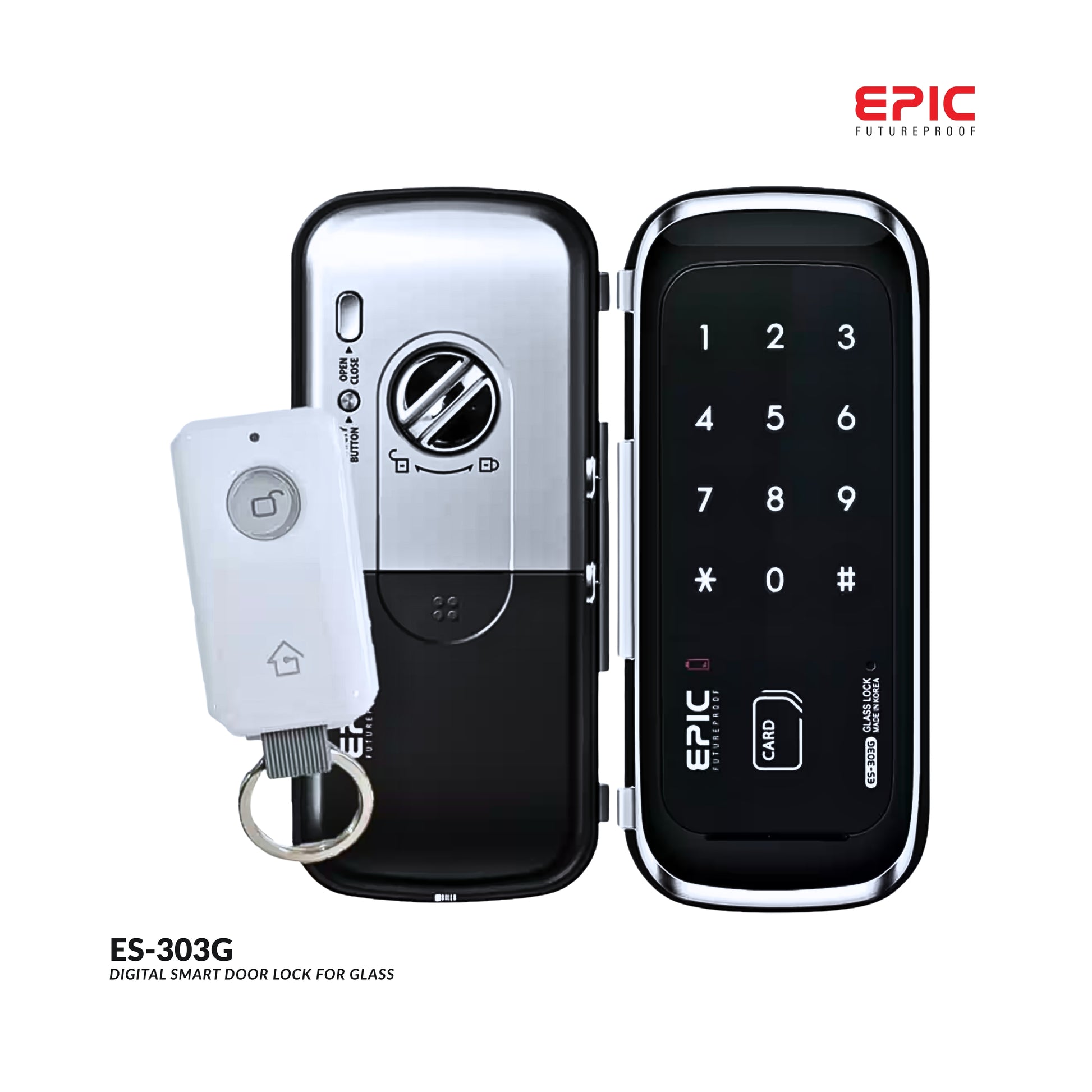 Digital smart door lock with remote control on a white background, featuring the Epic brand.