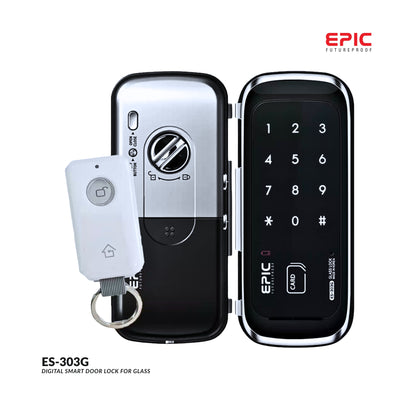 Digital smart door lock with remote control on a white background, featuring the Epic brand.