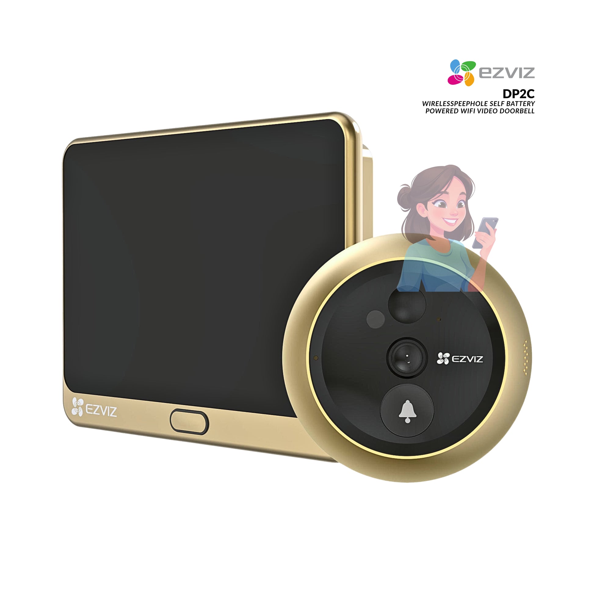 Ezviz wireless doorbell system with a cartoon illustration of a woman on a white background