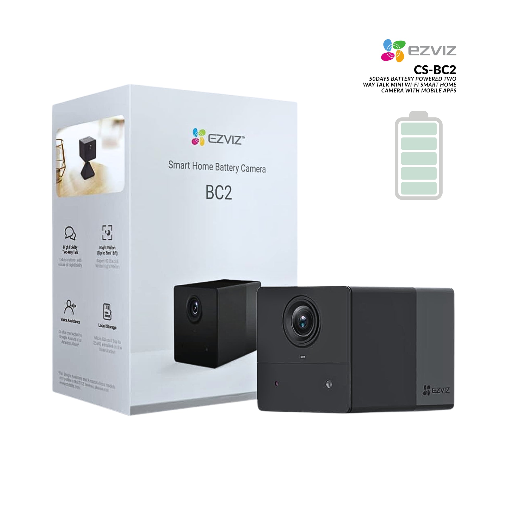 Ezviz smart home battery camera packaging on a white background