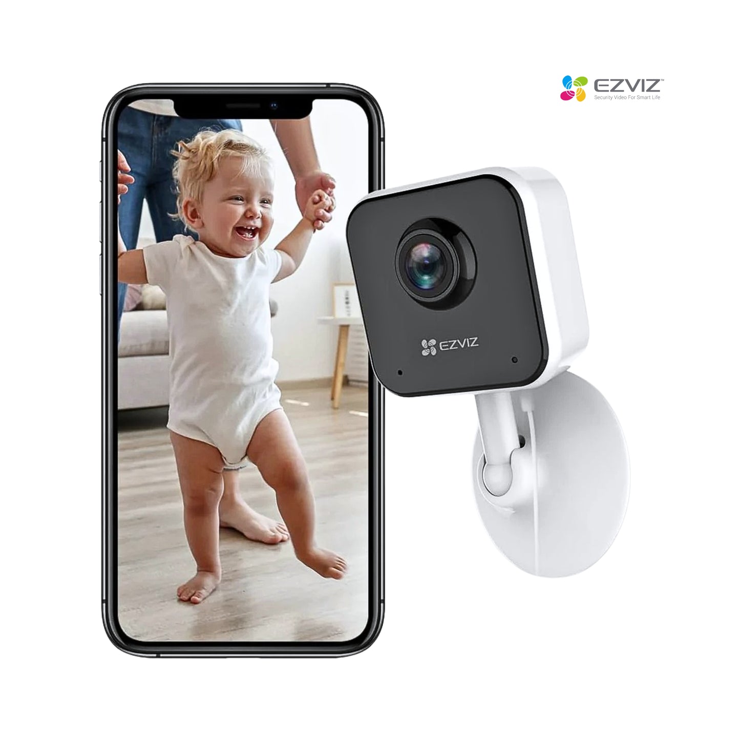 Ezviz security camera with smartphone displaying a child on a white background