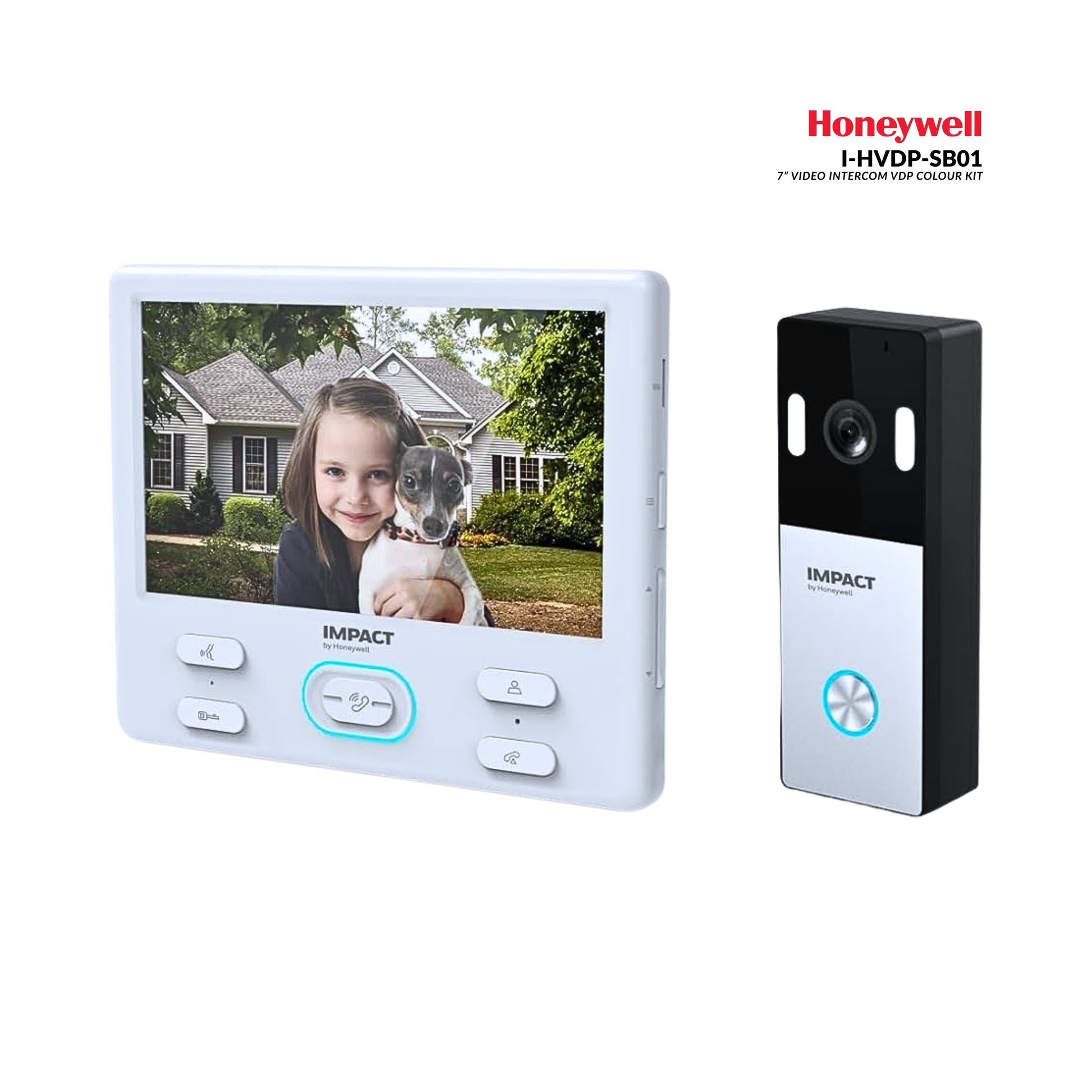Honeywell video doorbell system with display and camera on a white background