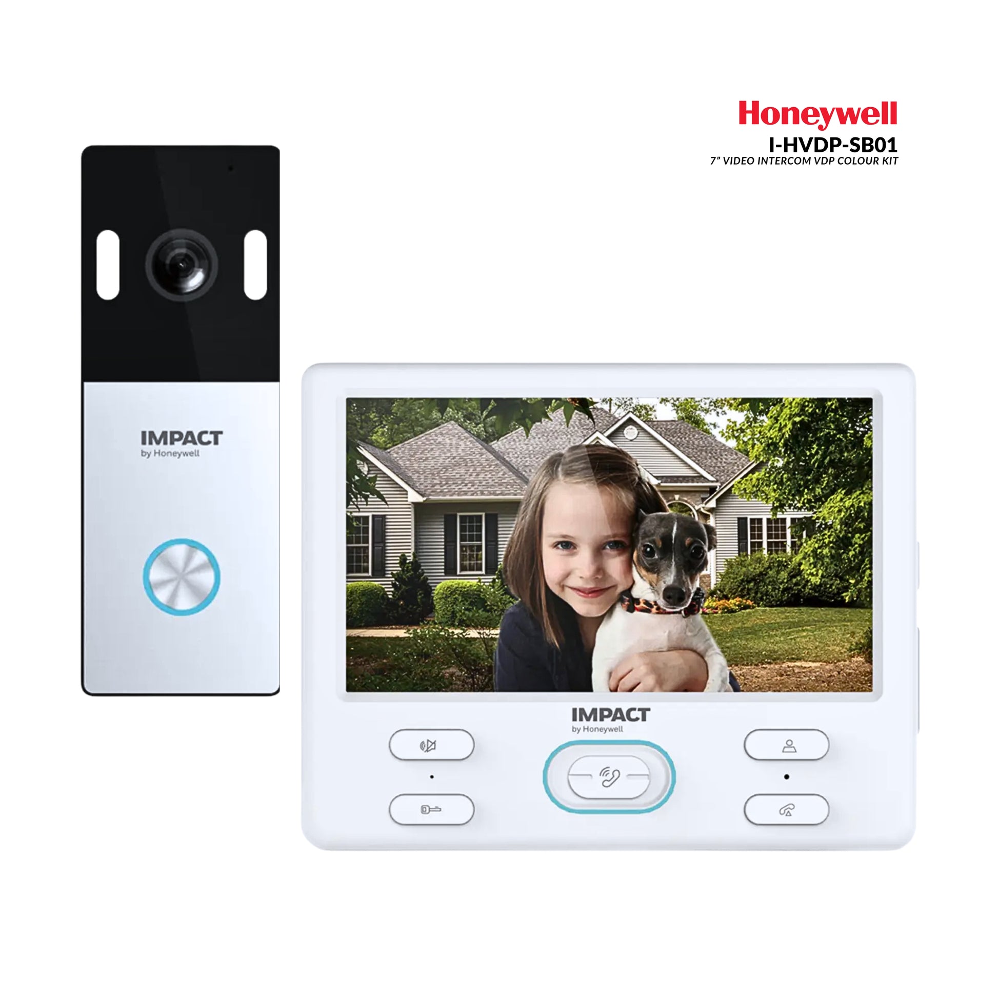 Honeywell video doorbell with camera and display showing a child and dog in front of a house.