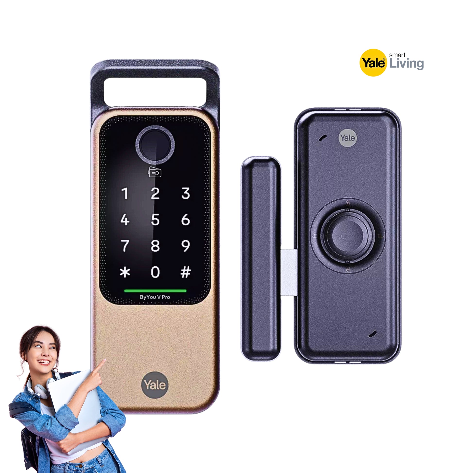 Yale smart door lock system with keypad and wireless doorbell on a white background