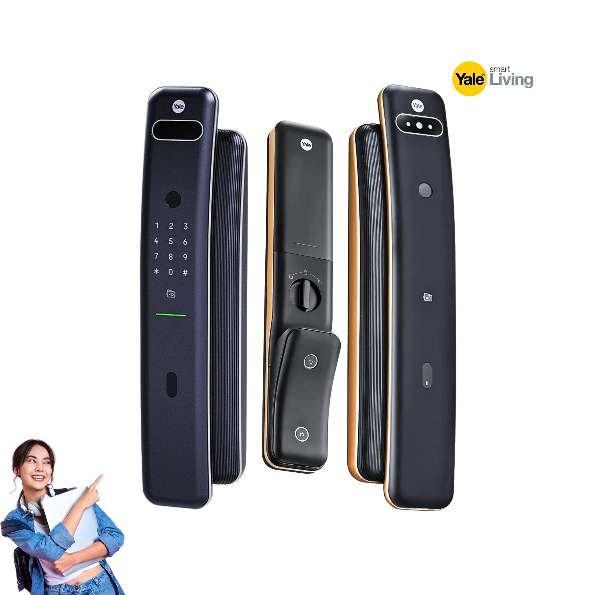Yale smart living door locks displayed on a white background with a woman pointing at one of them.