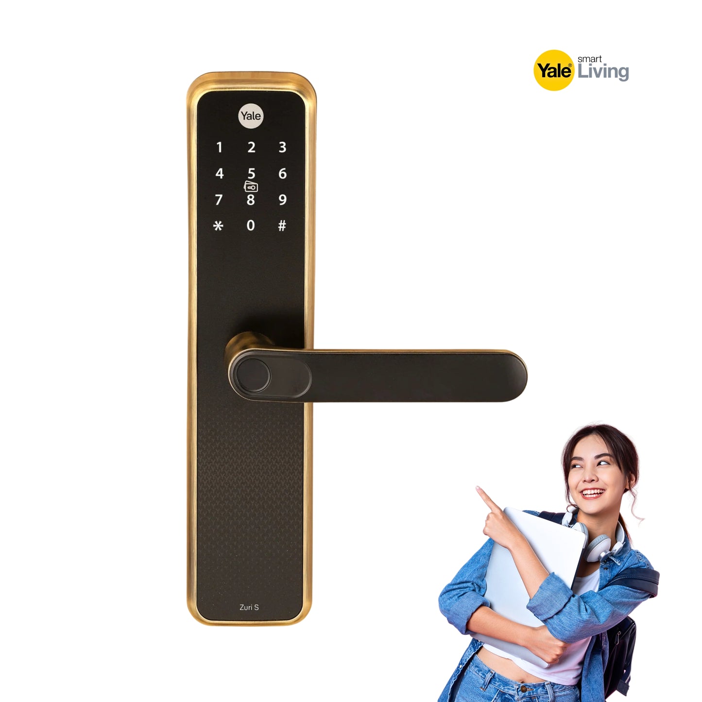 Digital door handle with keypad on a white background, featuring the Yale logo.