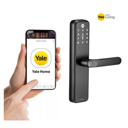 Smart lock with a smartphone displaying the Yale Home app on a white background