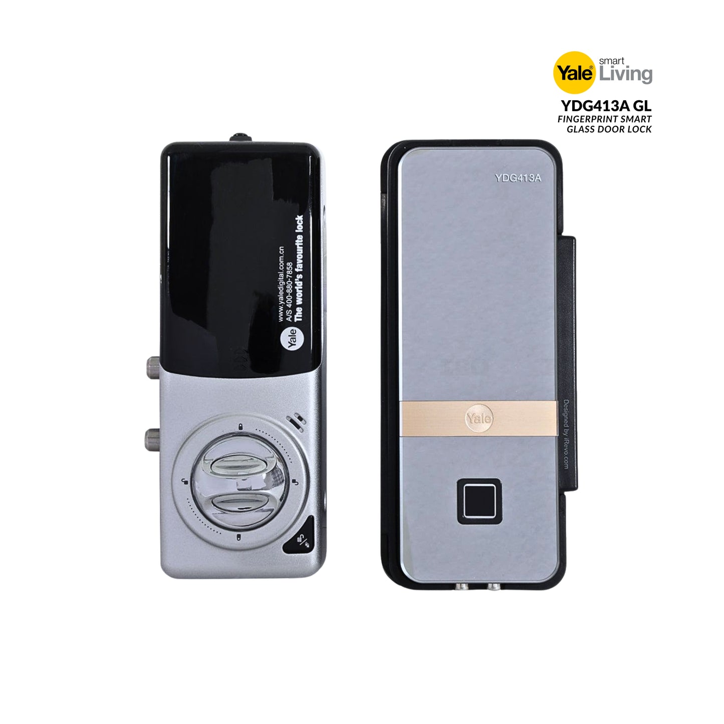 Yale smart living glass door lock with front and side views on a white background