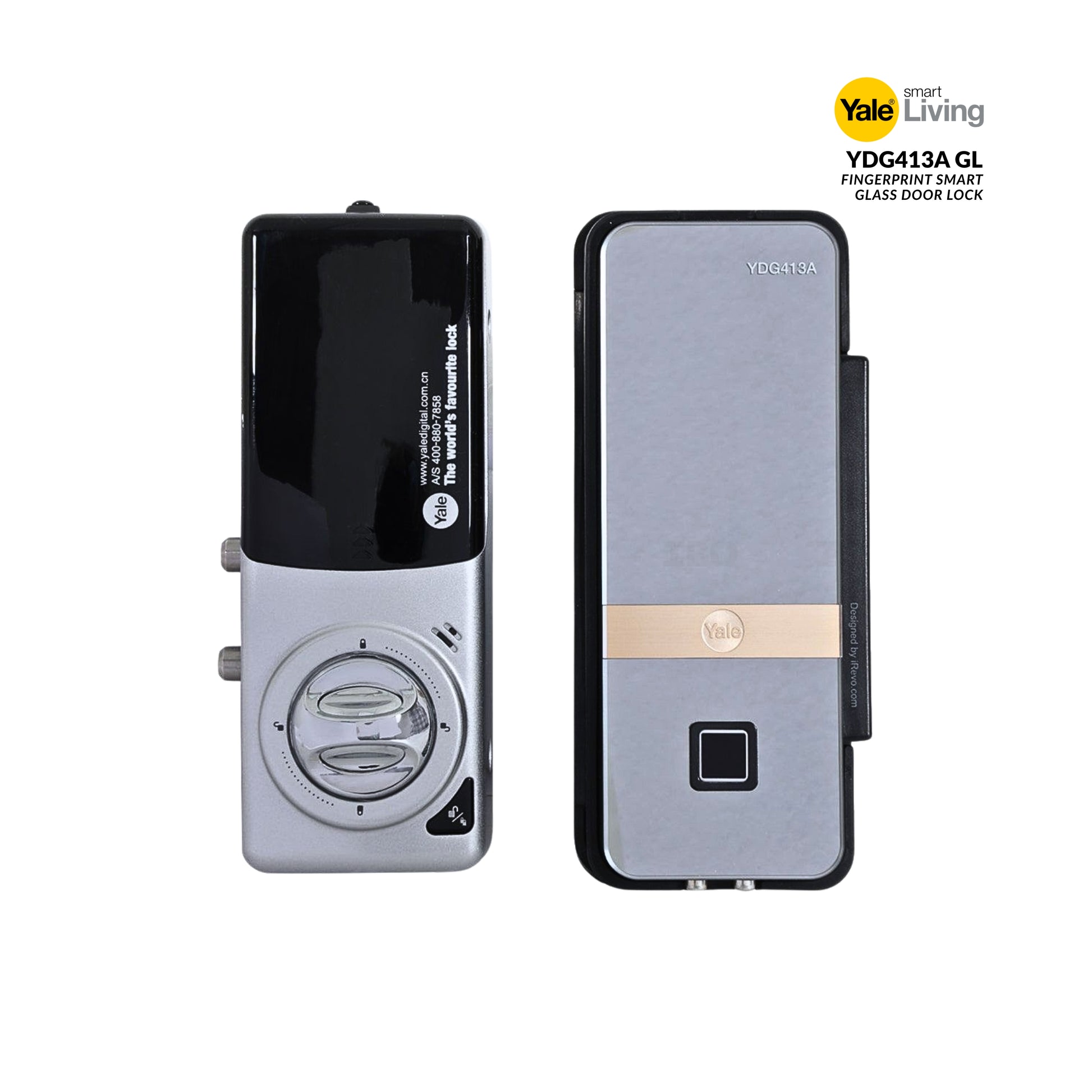 Yale smart living glass door lock with front and side views on a white background