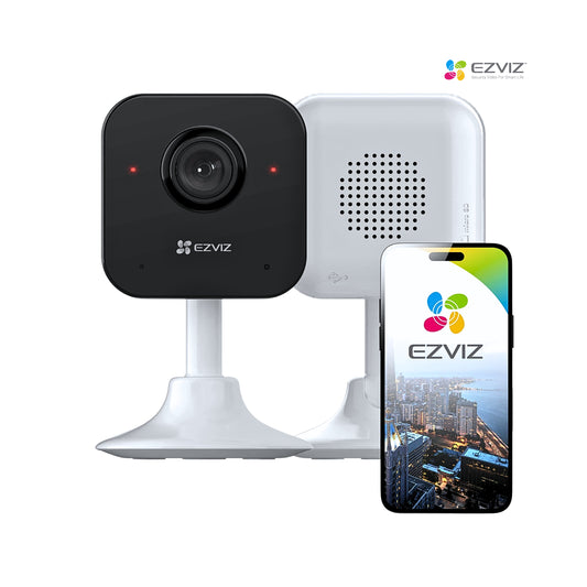 Smart home security camera system with smartphone displaying EZVIZ app on a white background