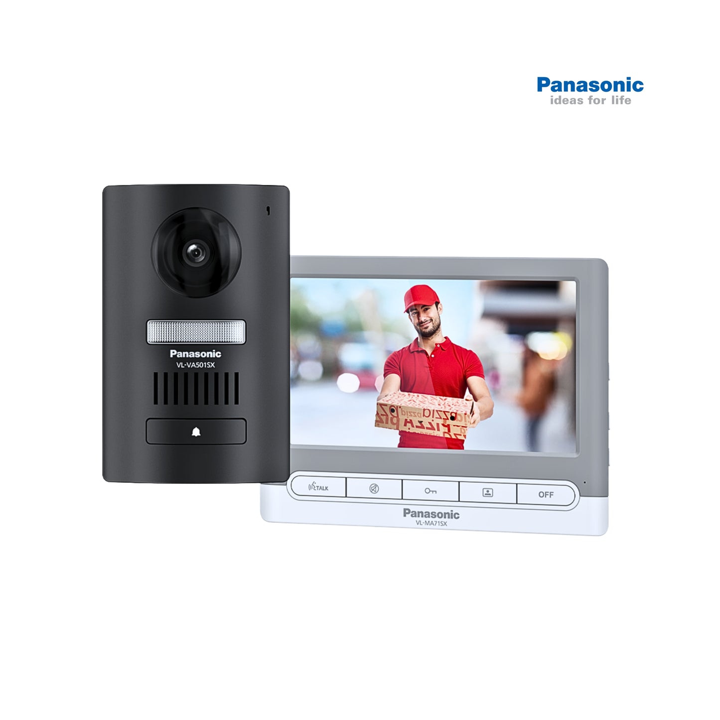 Panasonic video doorbell with screen displaying a person delivering a package, on a white background.