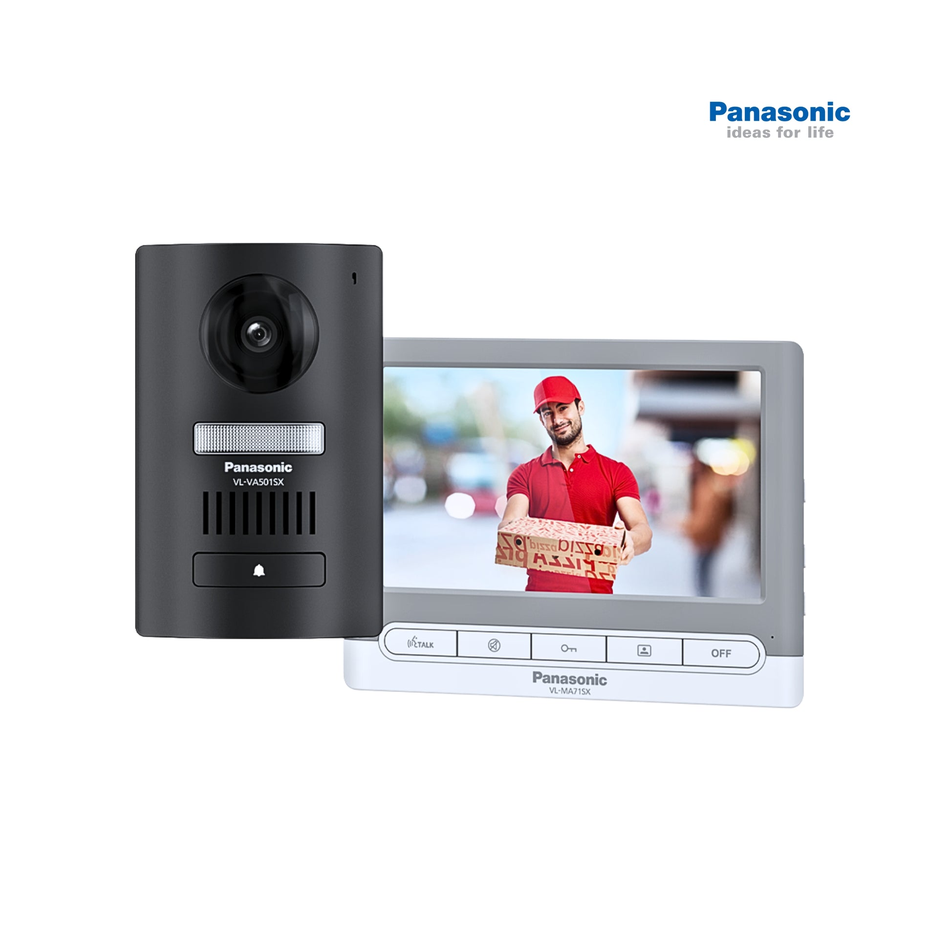 Panasonic video doorbell with screen displaying a person delivering a package, on a white background.