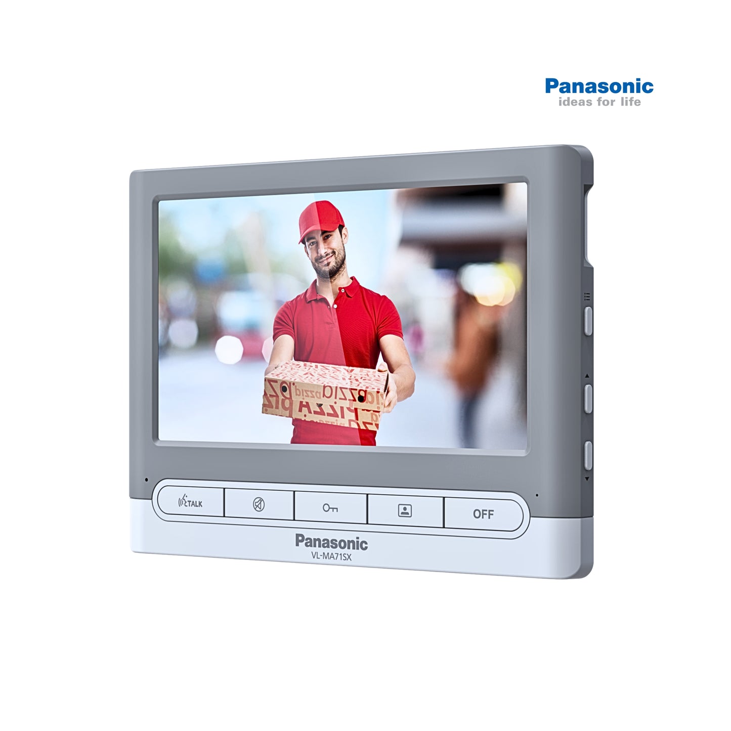 Panasonic digital display with a man in a red uniform on the screen against a white background