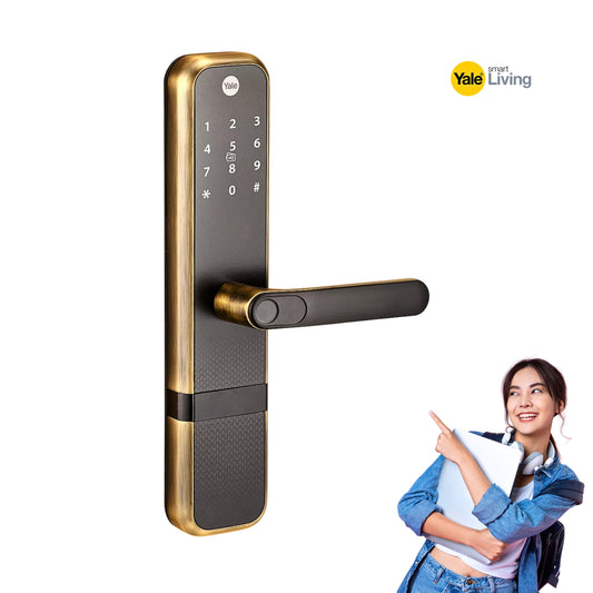 Yale Zuri Antique Bronze Gold Smart Lock with 5 way unlocking Fingerprint, PIN, RFID, Manual Key and Built-in Bluetooth to Access through Mobile Home Apps