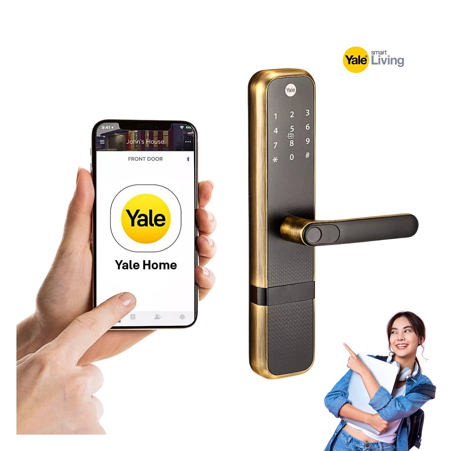 Yale Zuri Antique Bronze Gold Smart Lock with 5 way unlocking Fingerprint, PIN, RFID, Manual Key and Built-in Bluetooth to Access through Mobile Home Apps