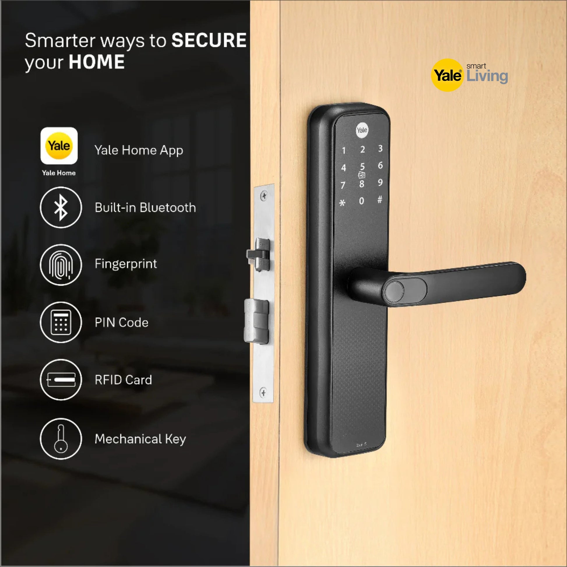 Smart door lock with Yale branding and features on a wooden door